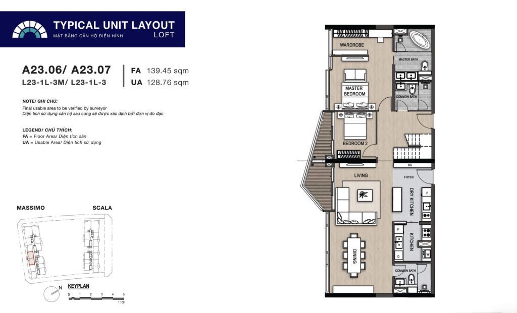 Căn hộ loft ghép A23.06 và A23.07 ✅ Tháp A Massimo
